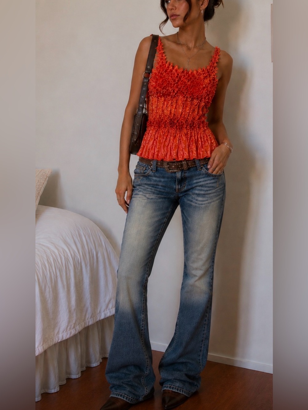 90s Y2K Vintage Popcorn Scrunch Top Orange